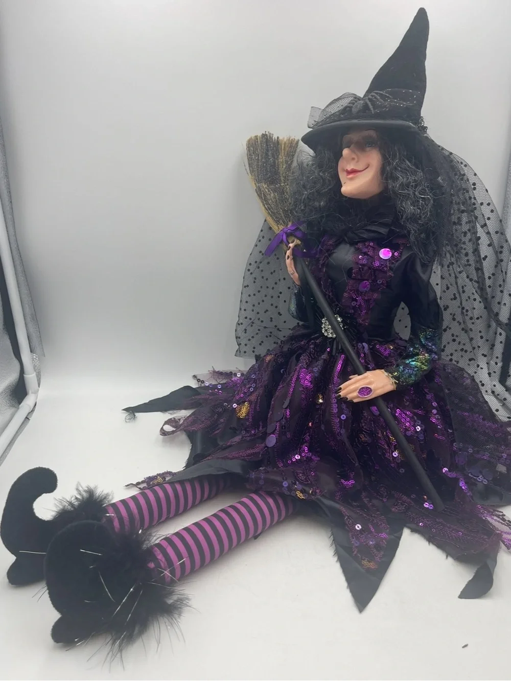 31” Halloween Gothic Wicked Witch Shelf Sitter Doll Purple Sequins w/Broom Stick